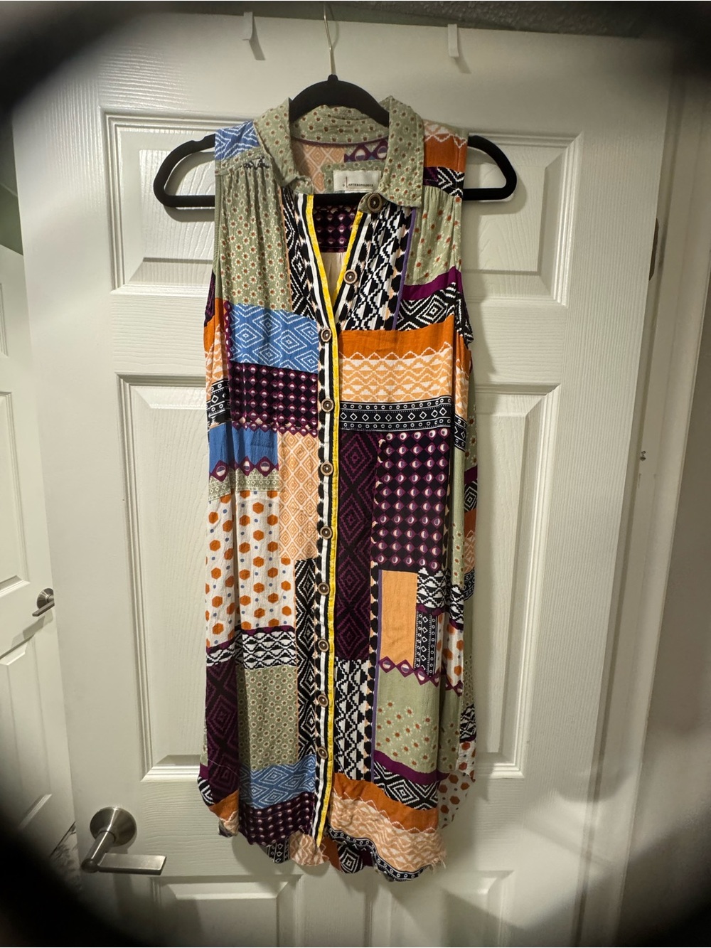 Sleeveless Multi-Color Patchwork Button-Front Dress